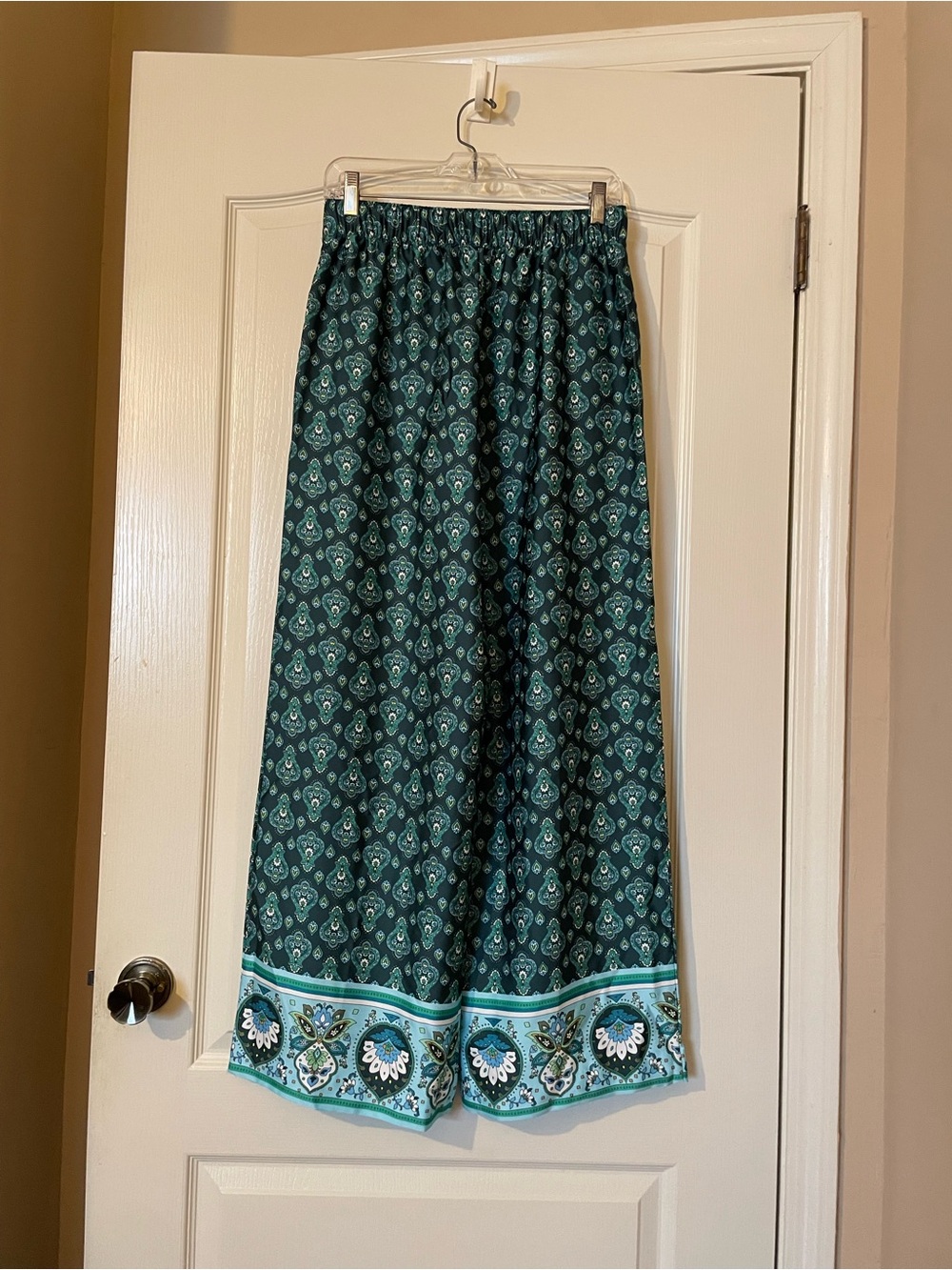 LOFT Paisley Wide Leg Pants XS Teal Green Border Print Colorful Resort Boho NWT - Picture 3 of 9